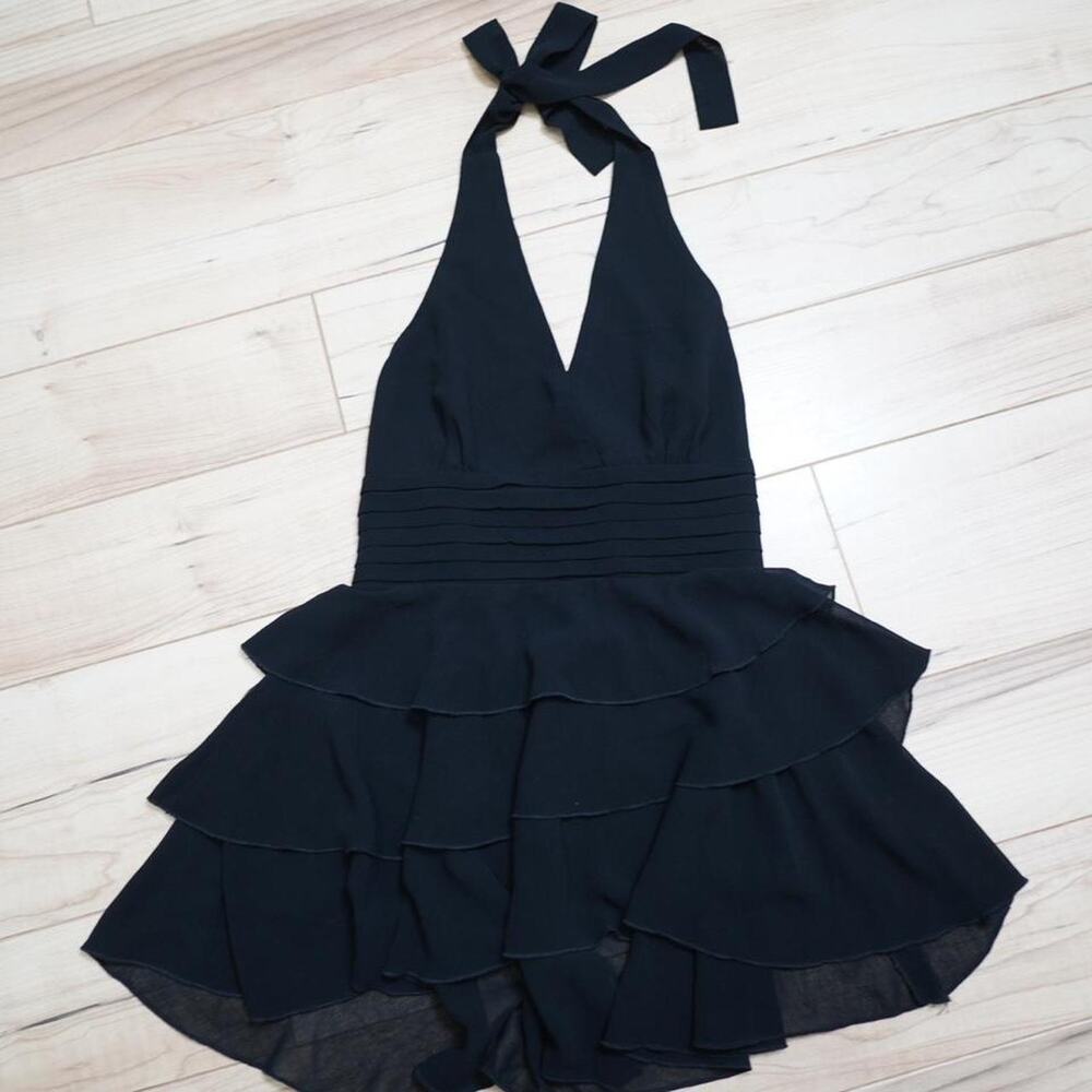 Fame Black Halter Tiered Ruffle Pintuck Peplum Top Smocked Back Y2K Going Out S